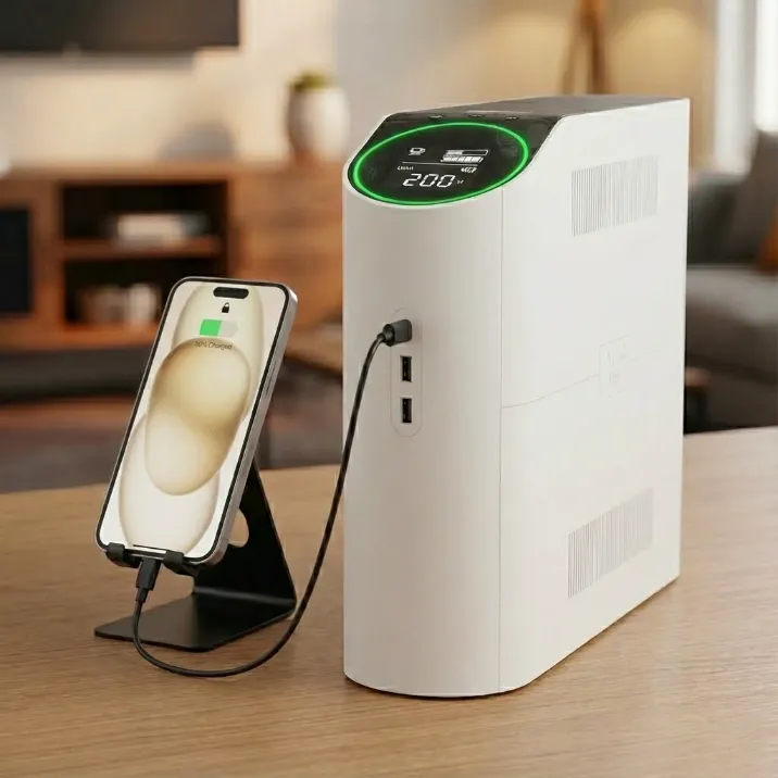 Compact home backup power station (UPS) charging a smartphone during a power outage.