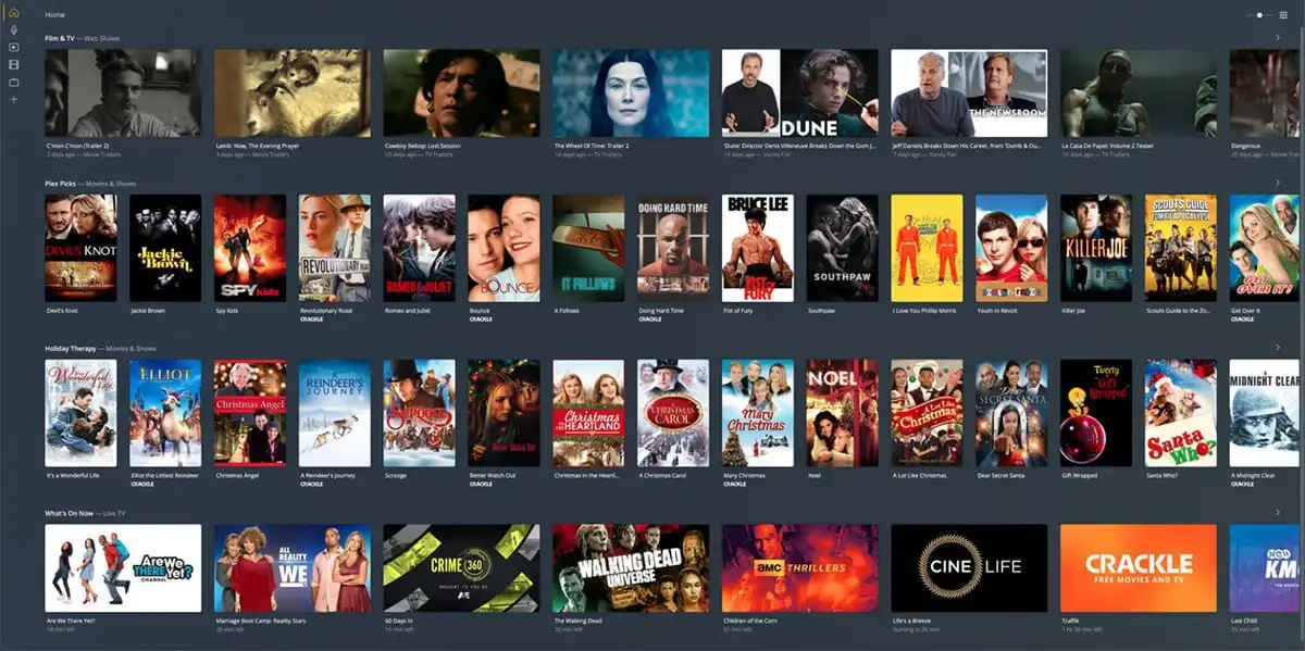 A Plex media server dashboard showcasing a wide movie and TV library, integrated by The Real Smart Home for a complete home cinema experience.